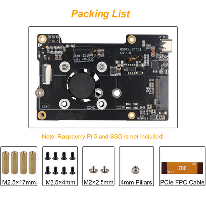 ZDE ZP581 PoE+ HAT PCIe to M.2 Key M NVMe SSD Adapter Board Power Over Ethernet with Onboard Cooling Fan for Raspberry Pi 5 Support 802.3af/at Network Standard M.2 NVMe SSD 2230 2242 2280