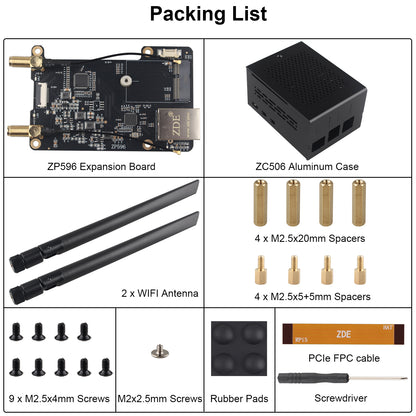 ZDE ZP596 PCIe to M.2 E Key WiFi7 6 6E 5 PCIe to 2.5G Ethernet Network Port HAT Expansion Board with ZC506 Aluminum Case for Raspberry Pi 5