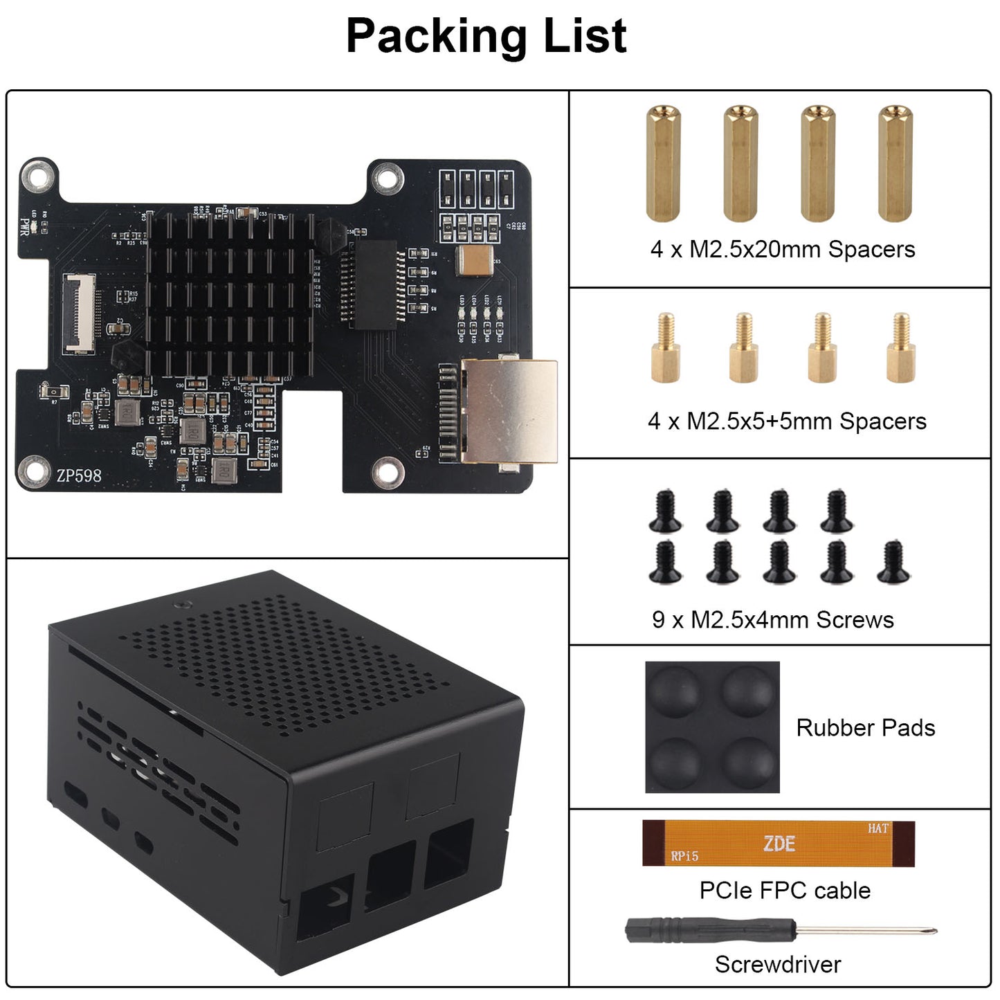 ZDE ZP598 PCIe to 5GbE Ethernet Network Port HAT Expansion Board 5G 5Gb 5Gbps with Aluminum Alloy Case ZC506 and Heatsink for Raspberry Pi 5