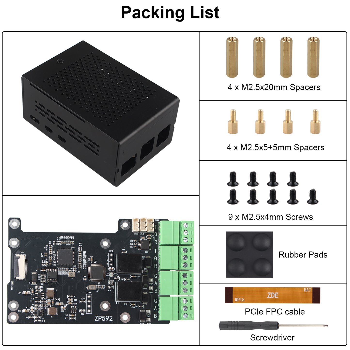 ZDE Aluminum Case ZC501 with ZP592 PCIe to Dual Channel RS485 Dual Channel RS232 HAT Expansion Board PCIe Peripheral Board for Raspberry Pi 5 2GB/4GB/8GB/16GB