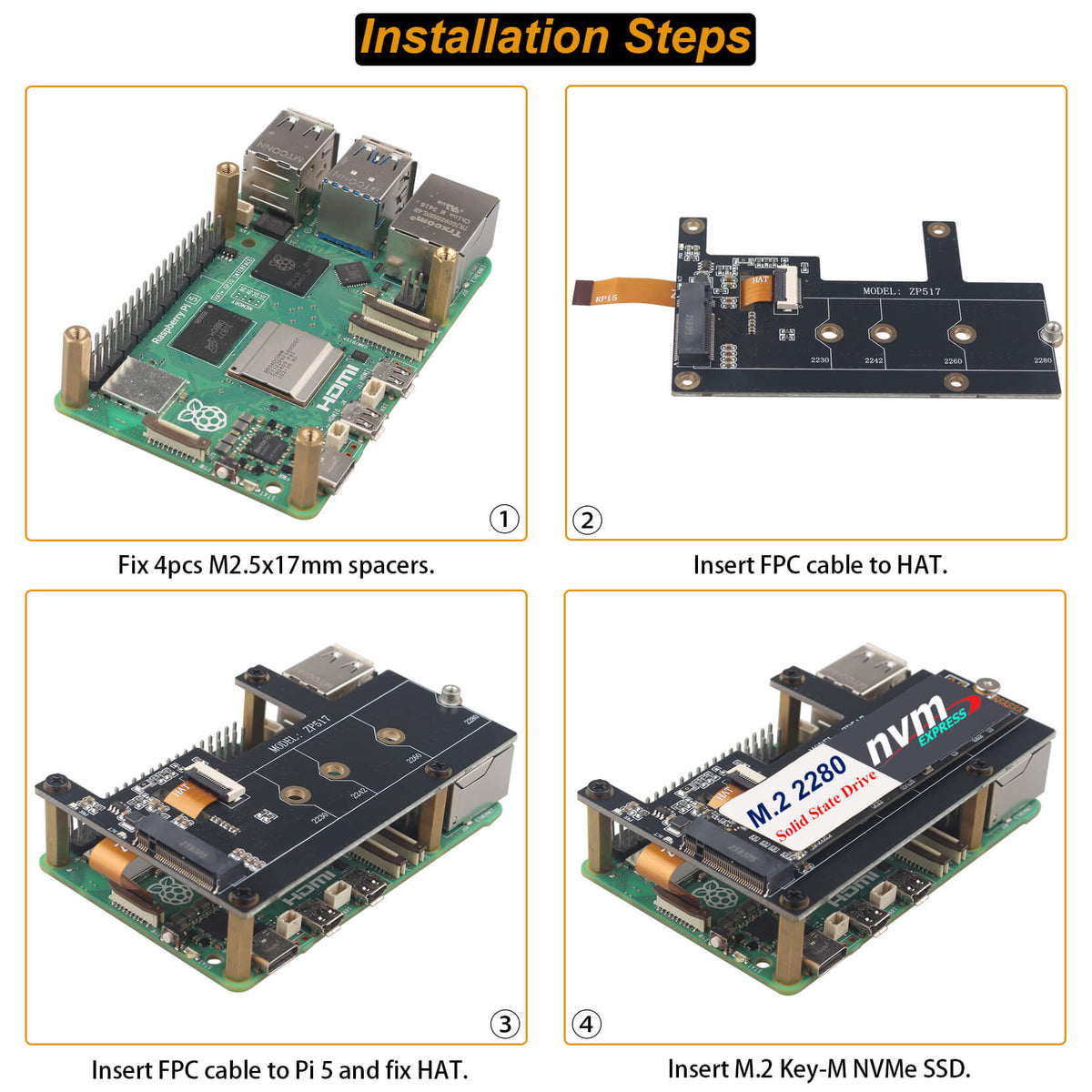 ZDE ZP517A PCIe to M.2 Key M NVMe HAT SSD Expansion Board for Raspberry Pi 5