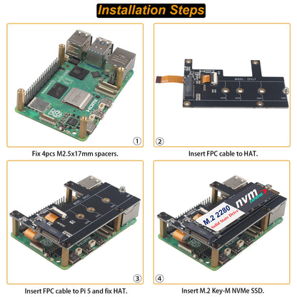 ZDE ZP517A PCIe to M.2 Key M NVMe HAT SSD Expansion Board for Raspberry Pi 5
