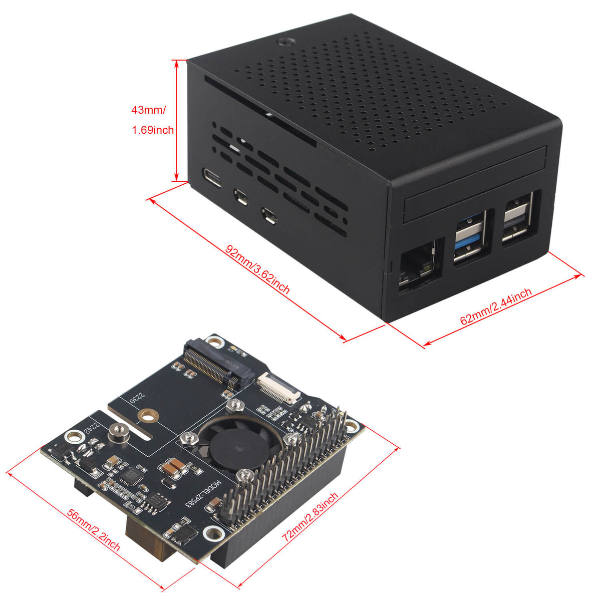 ZDE ZP583 PoE+ HAT PCIe to M.2 Key M NVMe SSD Adapter Board with Aluminum Case ZC501 and Aluminum Heatsink for Raspberry Pi 5