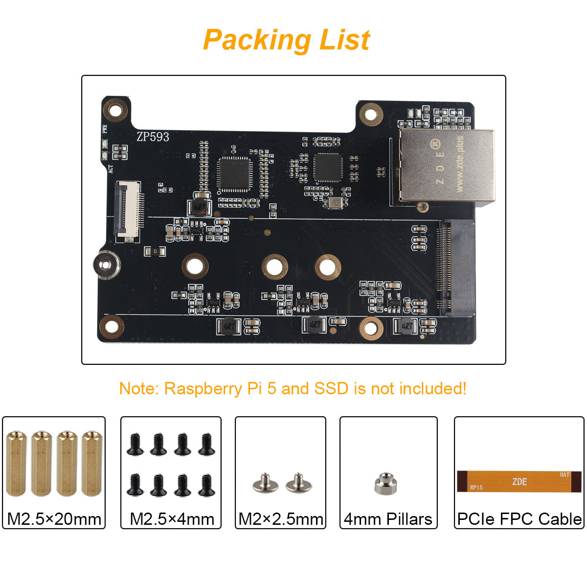 ZDE ZP593 PCIe to 2.5G Ethernet Network Port PCIe to M.2 Key M NVMe SSD HAT Adapter Expansion Board for Raspberry Pi 5 Support M.2 NVMe 2230 2242 2260 2280 SSD