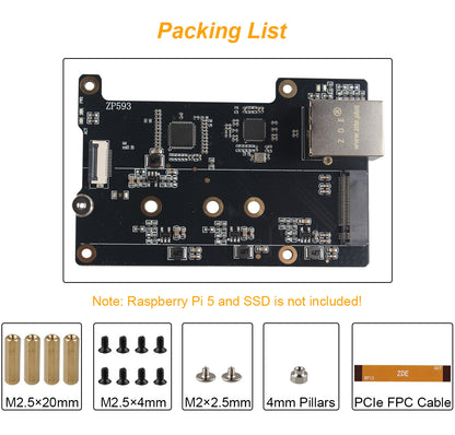 ZDE ZP593 PCIe to 2.5G Ethernet Network Port PCIe to M.2 Key M NVMe SSD HAT Adapter Expansion Board for Raspberry Pi 5 Support M.2 NVMe 2230 2242 2260 2280 SSD