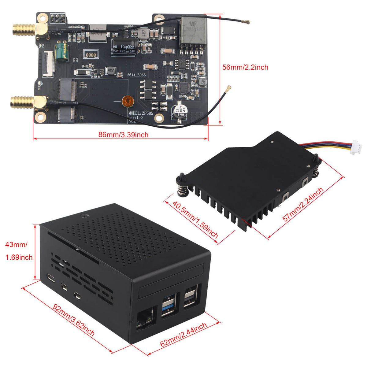 ZDE ZP585 PoE+ HAT PCIe to M.2 E Key WiFi7 6 6E 5 HAT Adapter with ZC501 Aluminum Alloy Case ZP536 Active Cooler for Raspberry Pi 5
