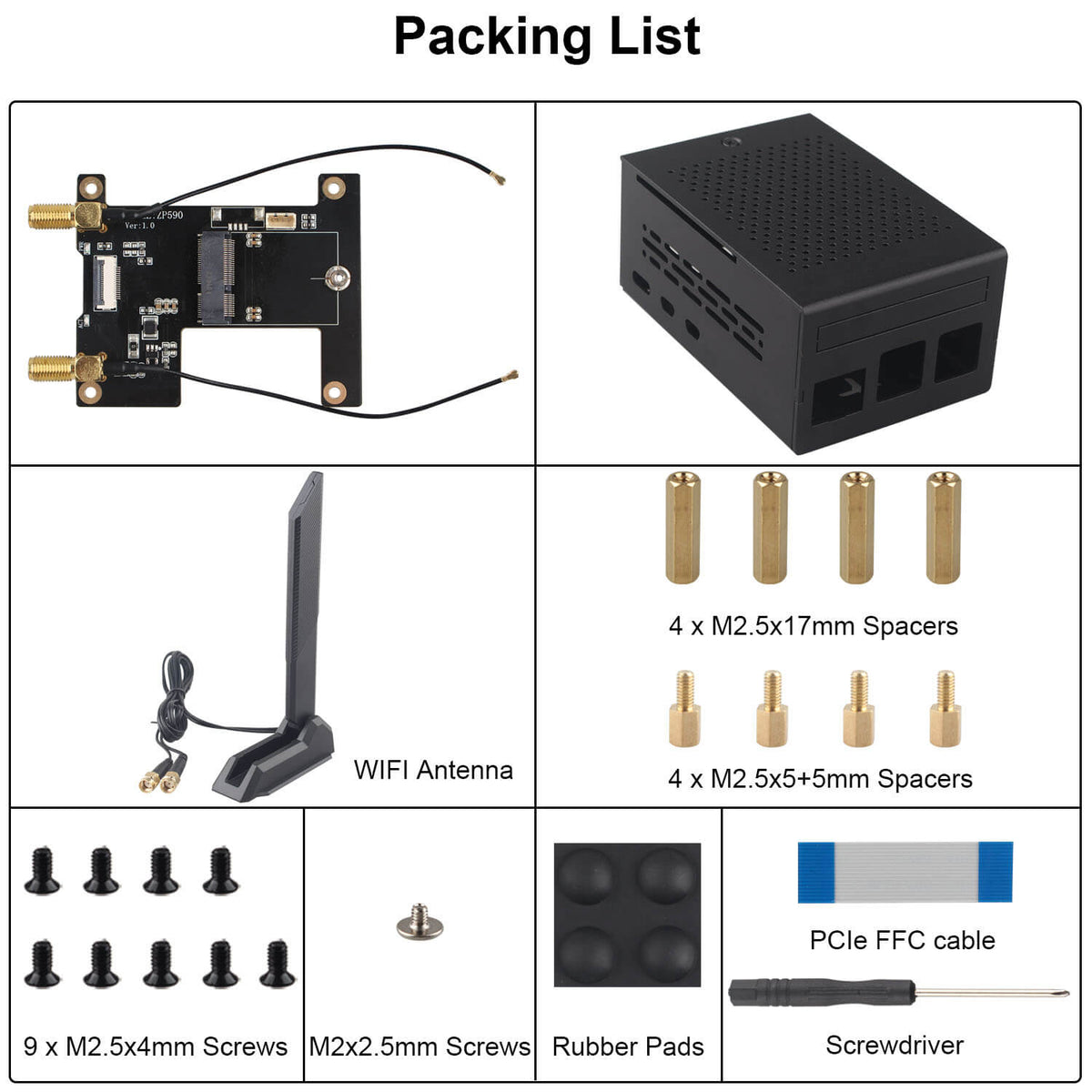 ZDE ZP590C PCIe to WiFi7 6 6E 5 HAT Magnetic Base Antenna M.2 E Key Expansion Board with Aluminum Alloy Case ZC501 for Raspberry Pi 5