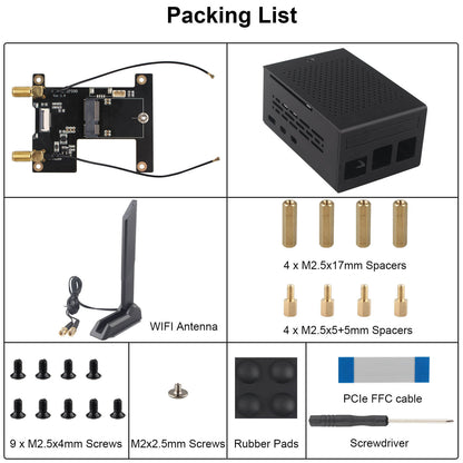 ZDE ZP590C PCIe to WiFi7 6 6E 5 HAT Magnetic Base Antenna M.2 E Key Expansion Board with Aluminum Alloy Case ZC501 for Raspberry Pi 5