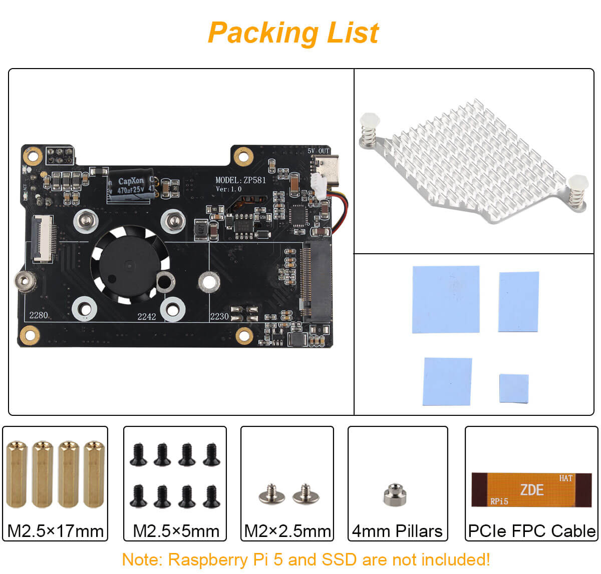 ZDE ZP581C PoE+ HAT PCIe to M.2 Key M NVMe SSD Adapter Board with PWM Cooling Fan Aluminum Alloy Heatsink Power Over Ethernet for Raspberry Pi 5