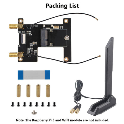 ZDE ZP590C PCIe to WiFi7 6 6E 5 HAT Magnetic Base Antenna PCIE to M.2 E Key Adapter Expansion Board for Raspberry Pi 5 Support BE200 AX210 MT7922 AX200 Module