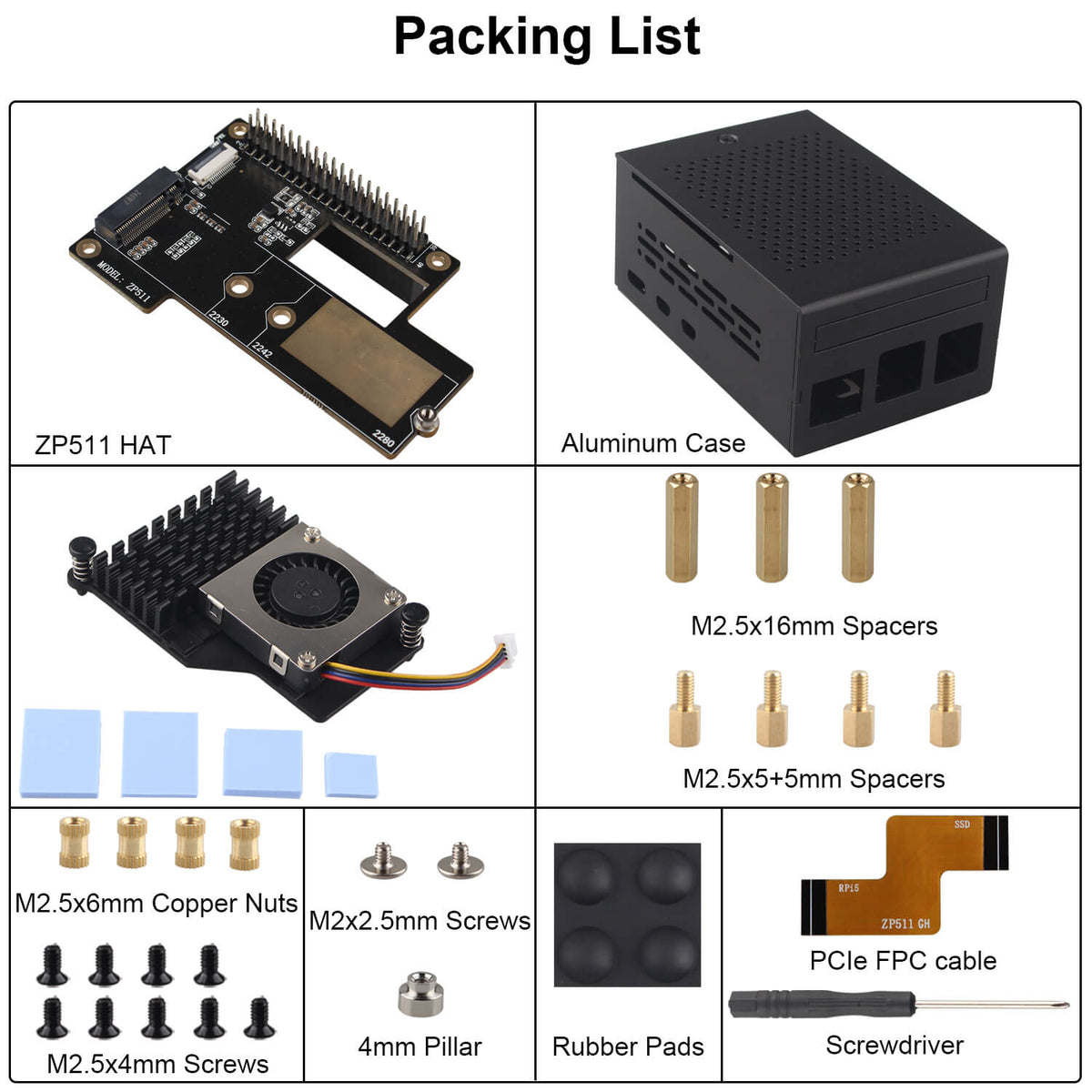 ZDE ZP511 PCIe to M.2 Key M NVMe SSD HAT with Aluminum Case ZC501 and Active Cooler ZP536 for Raspberry Pi 5
