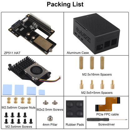 ZDE ZP511 PCIe to M.2 Key M NVMe SSD HAT with Aluminum Case ZC501 and Active Cooler ZP536 for Raspberry Pi 5