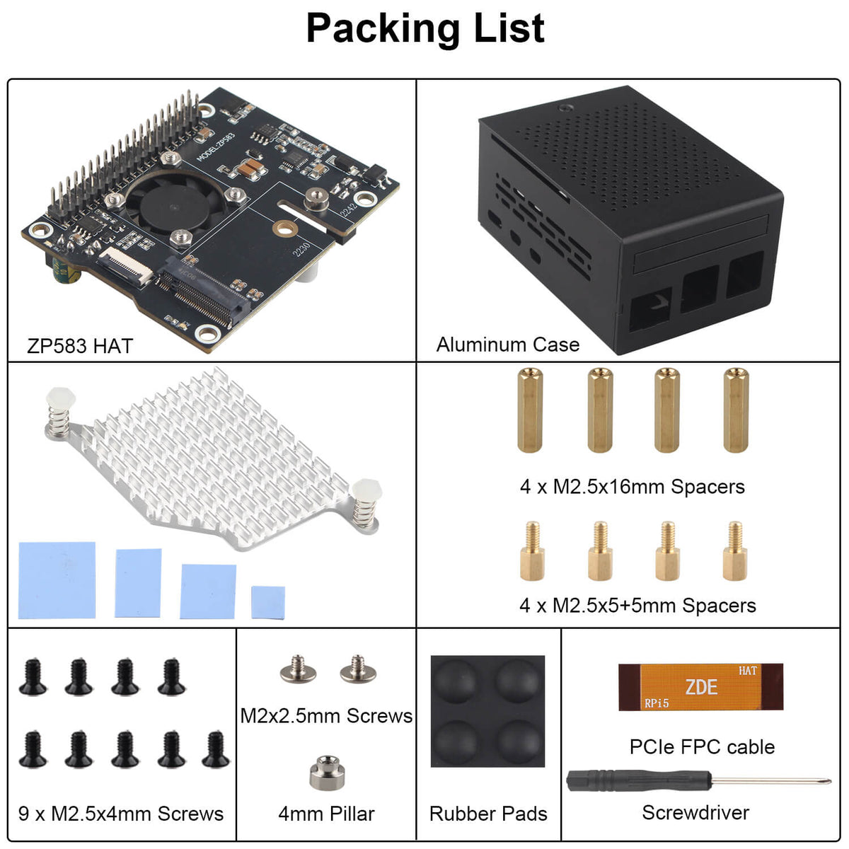 ZDE ZP583 PoE+ HAT PCIe to M.2 Key M NVMe SSD Adapter Board with Aluminum Case ZC501 and Aluminum Heatsink for Raspberry Pi 5