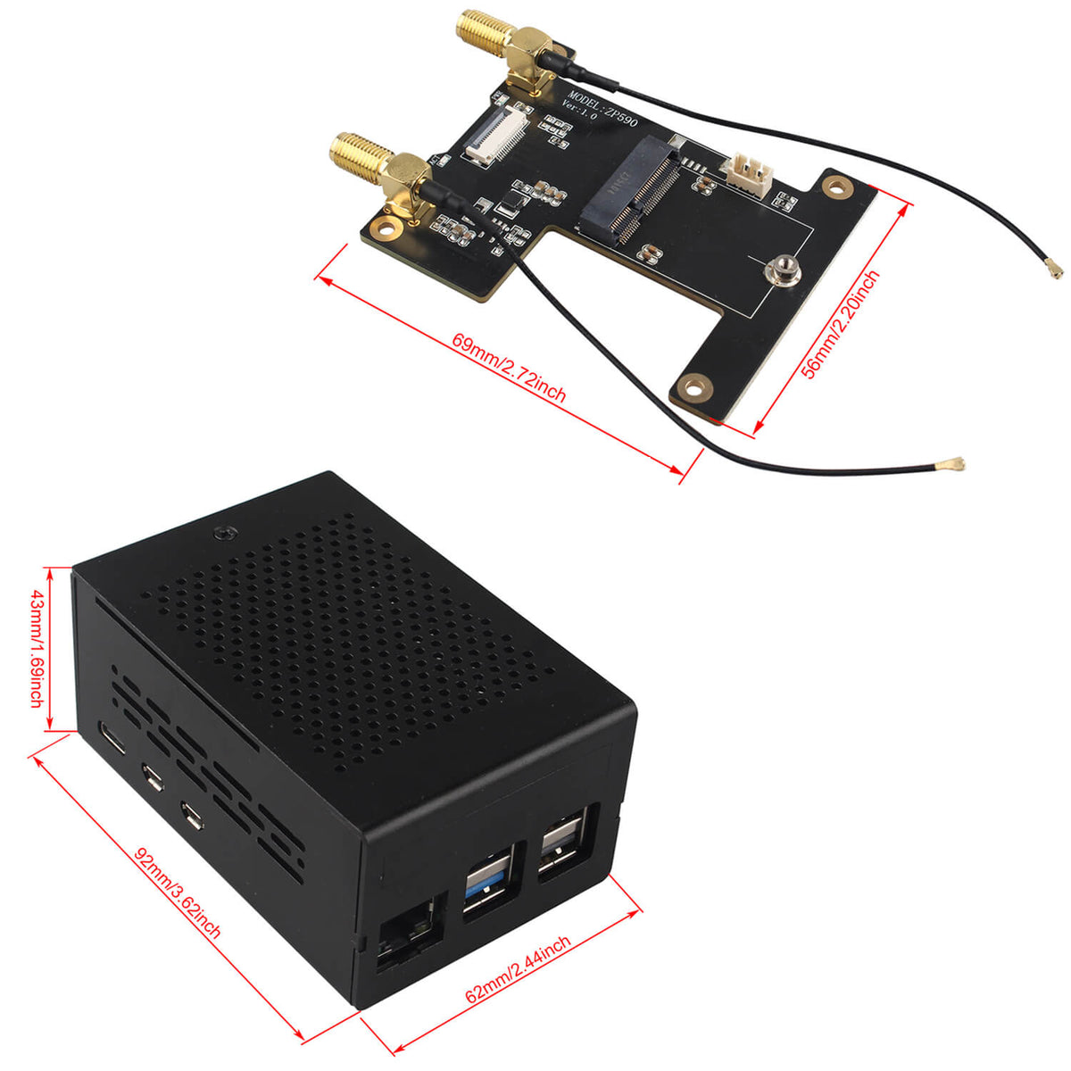 ZDE ZP590A PCIe to WiFi7 6 6E 5 HAT Expansion Board WiFi 7 Adapter with Aluminum Case ZC501 for Raspberry Pi 5