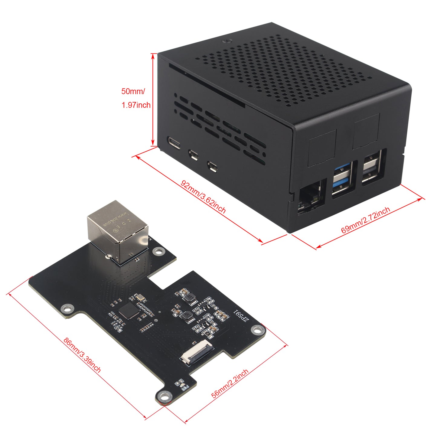 ZDE ZP591 PCIe to 2.5G Ethernet Network Port HAT Expansion Board with Aluminum Case ZC506 for Raspberry Pi 5 2GB 4GB 8GB 16GB