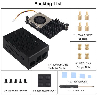 ZDE Aluminum Case ZC502 with Active Cooler ZP536 for Raspberry Pi 5 2GB/4GB/8GB/16GB Support PCIe to M.2 NVMe PoE HAT WiFi7 PCIe Peripheral Board ZP512/ZP513/ZP515/ZP516/ZP517A/ZP581/ZP582/ZP590B