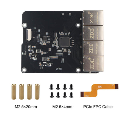ZDE ZP597 PCIe to 4 Ports 1G Gigabit 1000M Ethernet Network HAT Adapter Expansion Board for Raspberry Pi 5