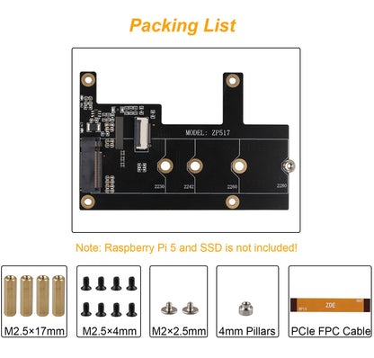 ZDE ZP517A PCIe to M.2 Key M NVMe HAT SSD Expansion Board for Raspberry Pi 5