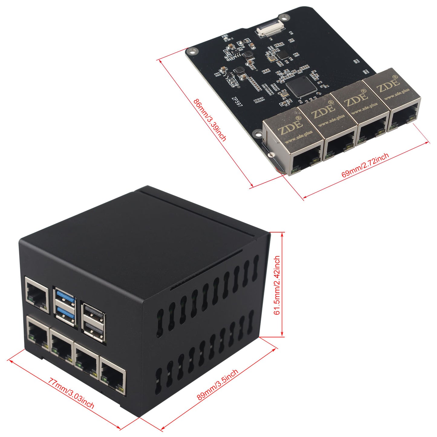 ZDE ZP597 PCIe to 4 Ports 1G Gigabit 1000M Ethernet Network HAT Adapter Expansion Board 1GB 1GBE with Metal Case for Raspberry Pi 5