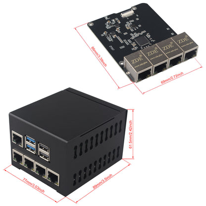 ZDE ZP597 PCIe to 4 Ports 1G Gigabit 1000M Ethernet Network HAT Adapter Expansion Board 1GB 1GBE with Metal Case for Raspberry Pi 5