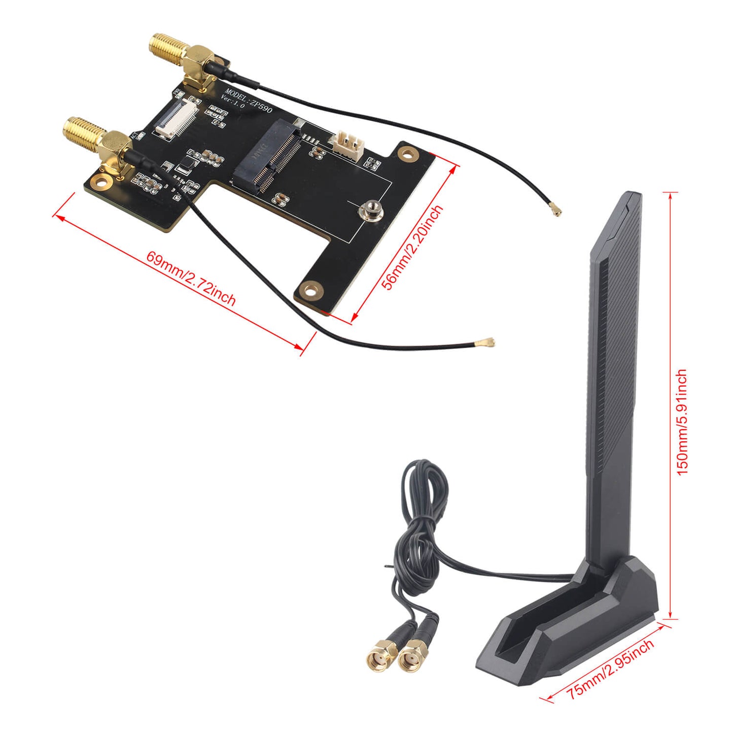 ZDE ZP590C PCIe to WiFi7 6 6E 5 HAT Magnetic Base Antenna PCIE to M.2 E Key Adapter Expansion Board for Raspberry Pi 5 Support BE200 AX210 MT7922 AX200 Module