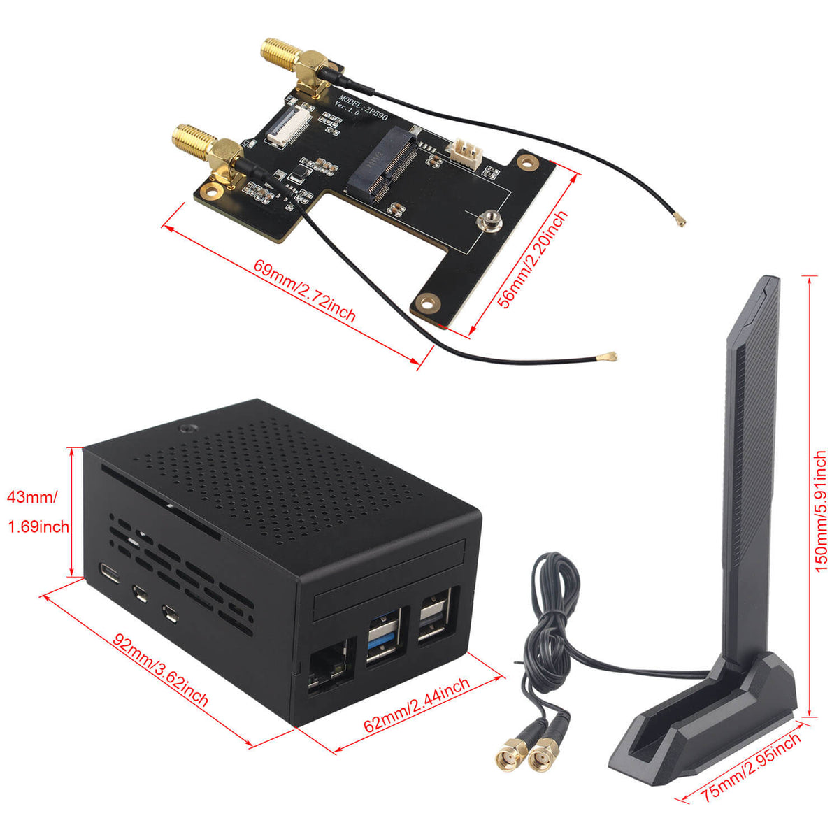 ZDE ZP590C PCIe to WiFi7 6 6E 5 HAT Magnetic Base Antenna M.2 E Key Expansion Board with Aluminum Alloy Case ZC501 for Raspberry Pi 5