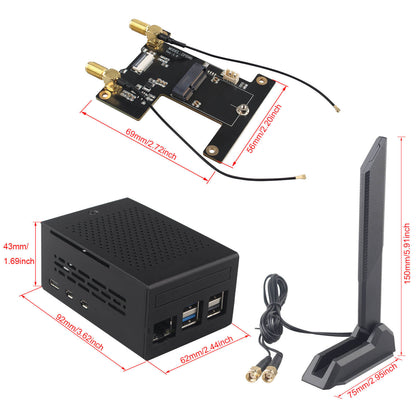ZDE ZP590C PCIe to WiFi7 6 6E 5 HAT Magnetic Base Antenna M.2 E Key Expansion Board with Aluminum Alloy Case ZC501 for Raspberry Pi 5